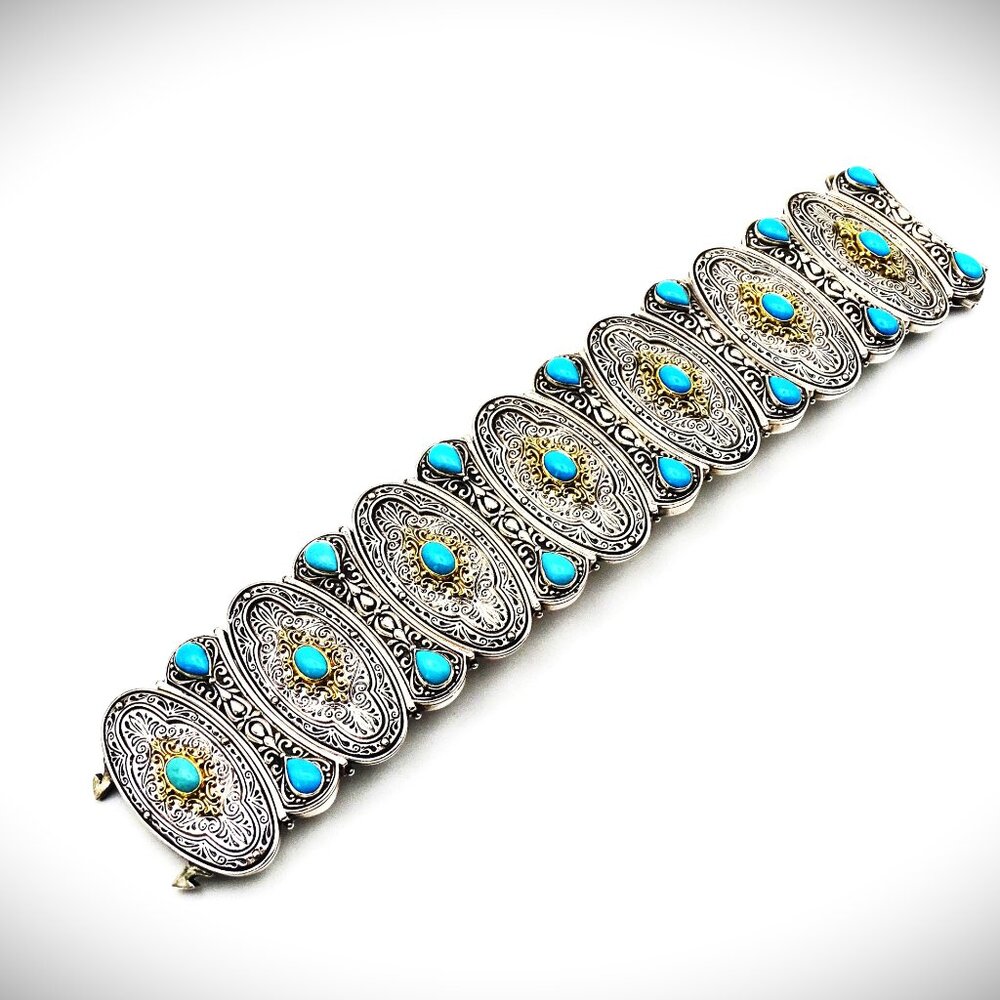 KONSTANTINO Sterling Silver 18K Gold Turquoise Wide Bangle Bracelet 149 Grams - Picture 7 of 15